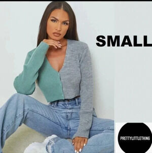 PrettyLittleThing Colorblock Ribbed Cropped Cardigan Petite(4)